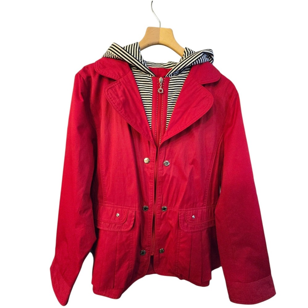 Neyelle‎ Red Utility Jacket Striped Hooded Snap Zip Front Pleated Hem Womens 1X